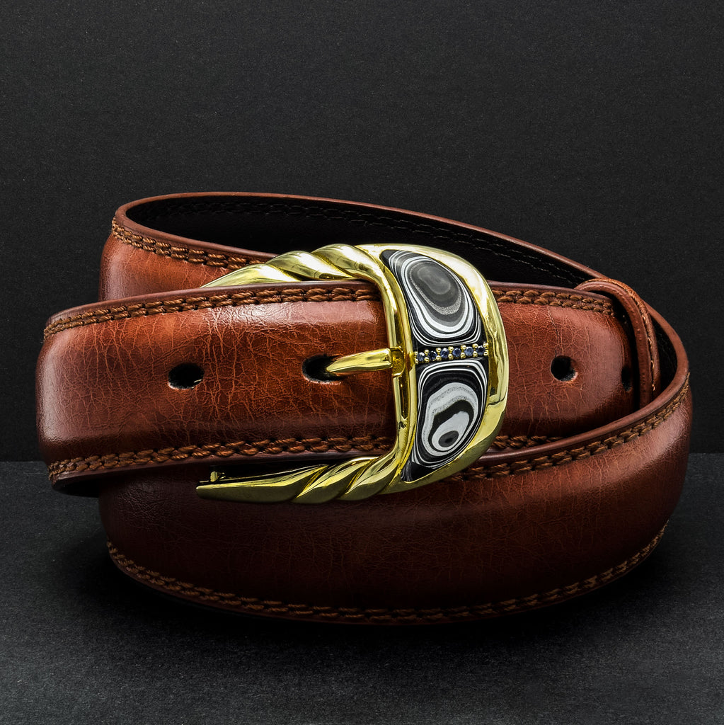 Yellow Gold Buckle with Black and White Fordite Inlay on leather belt