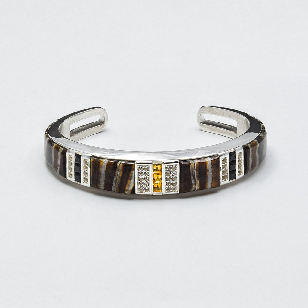 Sterling Silver with Solid Dinosaur Bone Diamond and Citrine Bracelet Cuff, Made to Order - Affa Jewelry