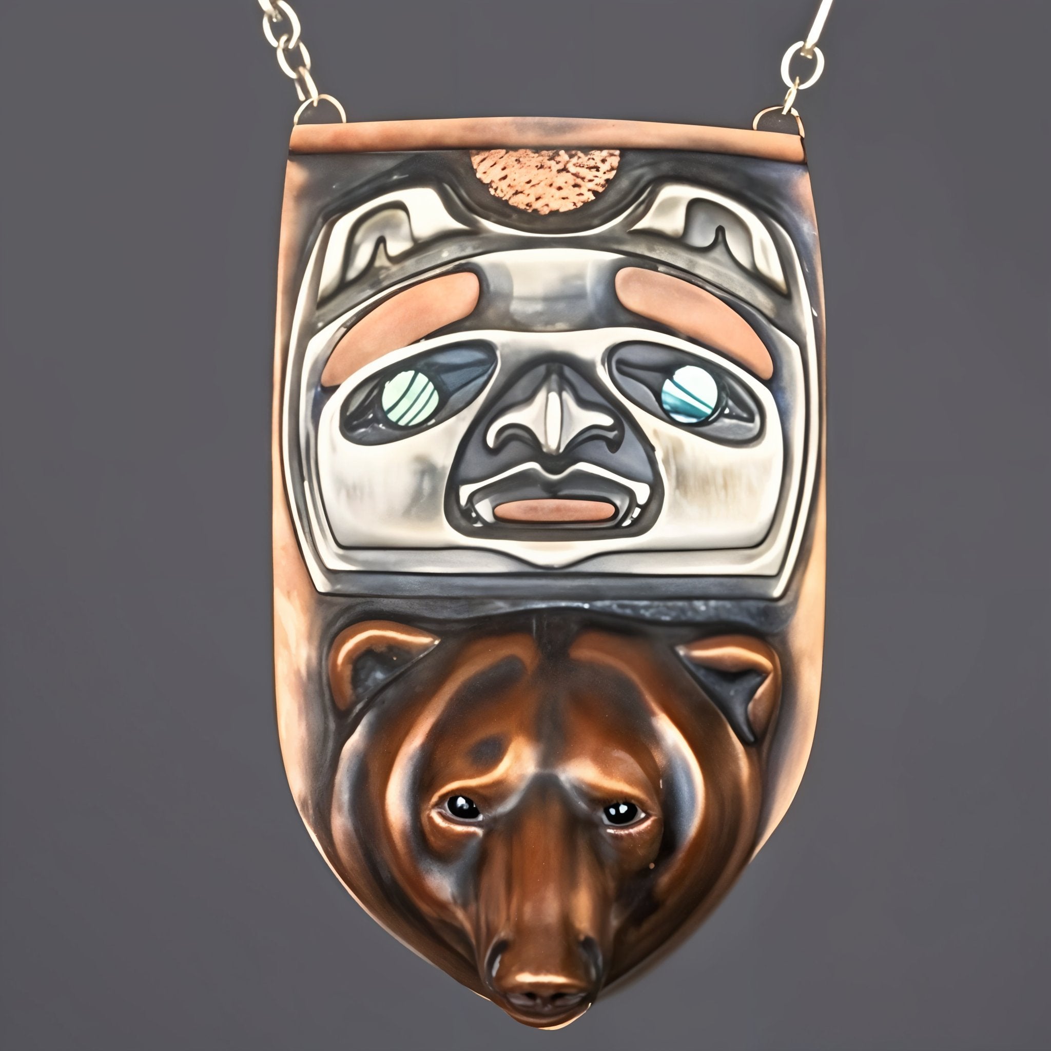 Arctic Bear & Bear Mother Copper Pendant with Onyx Eyes & Abalone Eyes